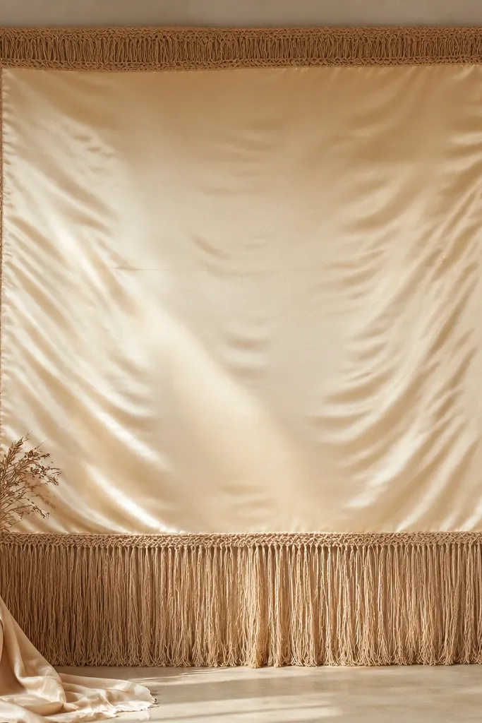 A backdrop with a rough jute fringe border around a satin inner rectangle. The jute fringe hangs down in even strands, and the satin rectangle is smooth and glossy. The overall palette is warm - gold, honey, and cream.