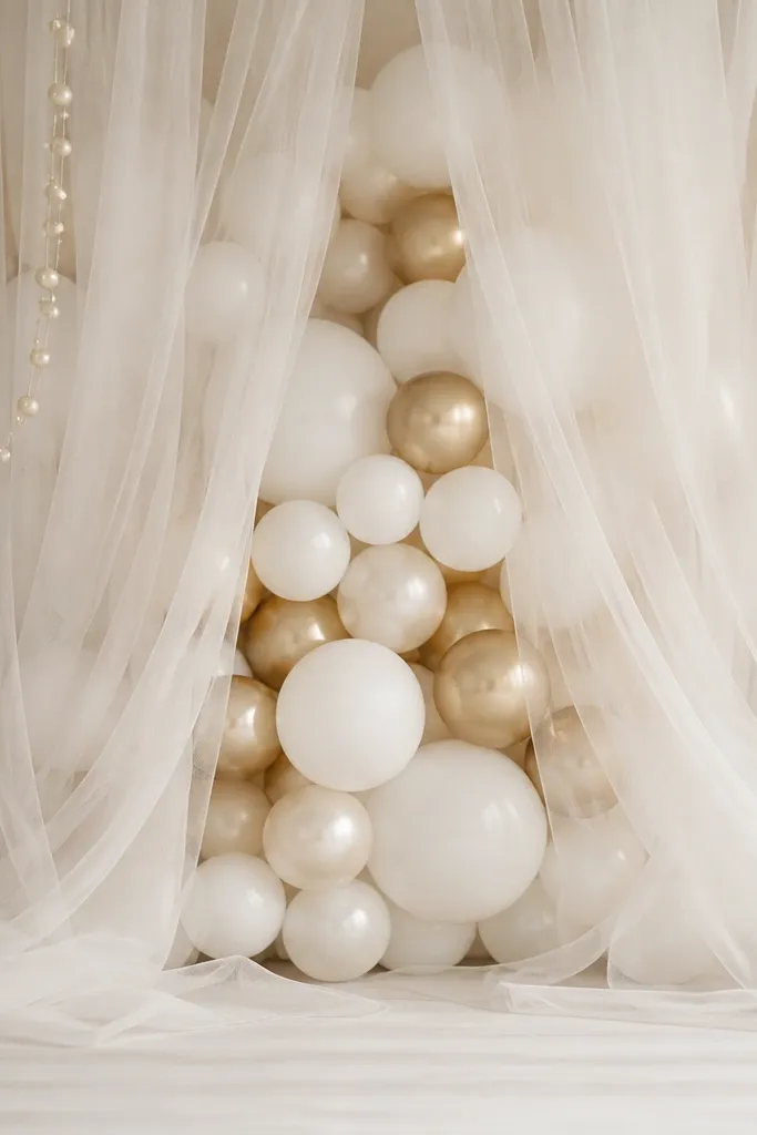 A backdrop where a cluster of white and gold balloons is partially hidden behind layered white tulle sheets. The tulle forms a soft curtain effect and the balloons provide a rounded, dimensional center. The outer edges have small pearl-like garlands.