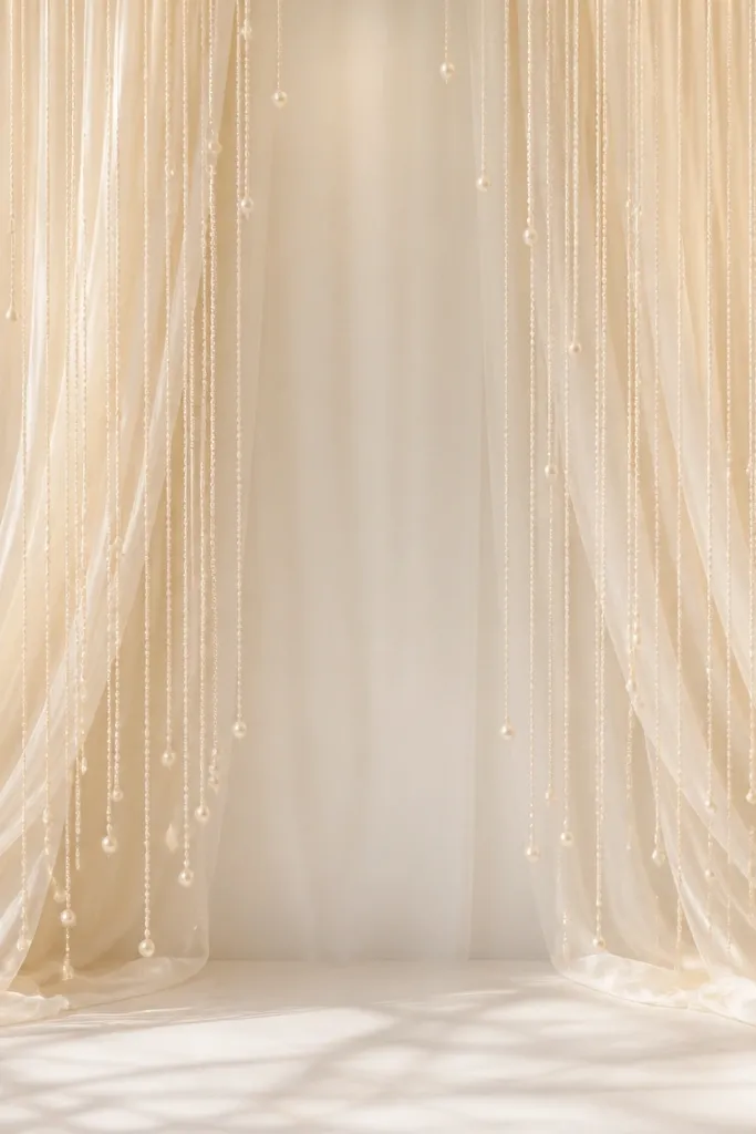 A backdrop with warm white faux pearl strings hanging vertically in front of a soft chiffon base. Chiffon forms two curved arcs on the sides, framing the center. The center has fewer strings and more clean space, so it looks airy and high-end.