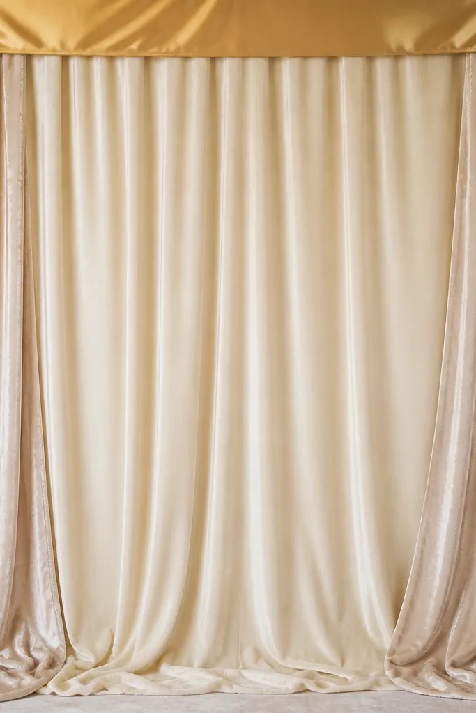 A two-tone velvet backdrop with deep cream velvet on the center panel and pale champagne velvet on the sides. A warm gold satin band runs along the top edge like a clean header. The velvet has a soft sheen and the drapes fall in heavy, smooth folds.