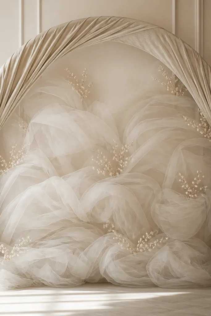 A wall or photo corner with a velvet ribbon arch (cream velvet) and soft tulle layered like clouds behind a bride-to-be sign. The tulle forms rounded shapes around the center, with small pearl picks tucked in.