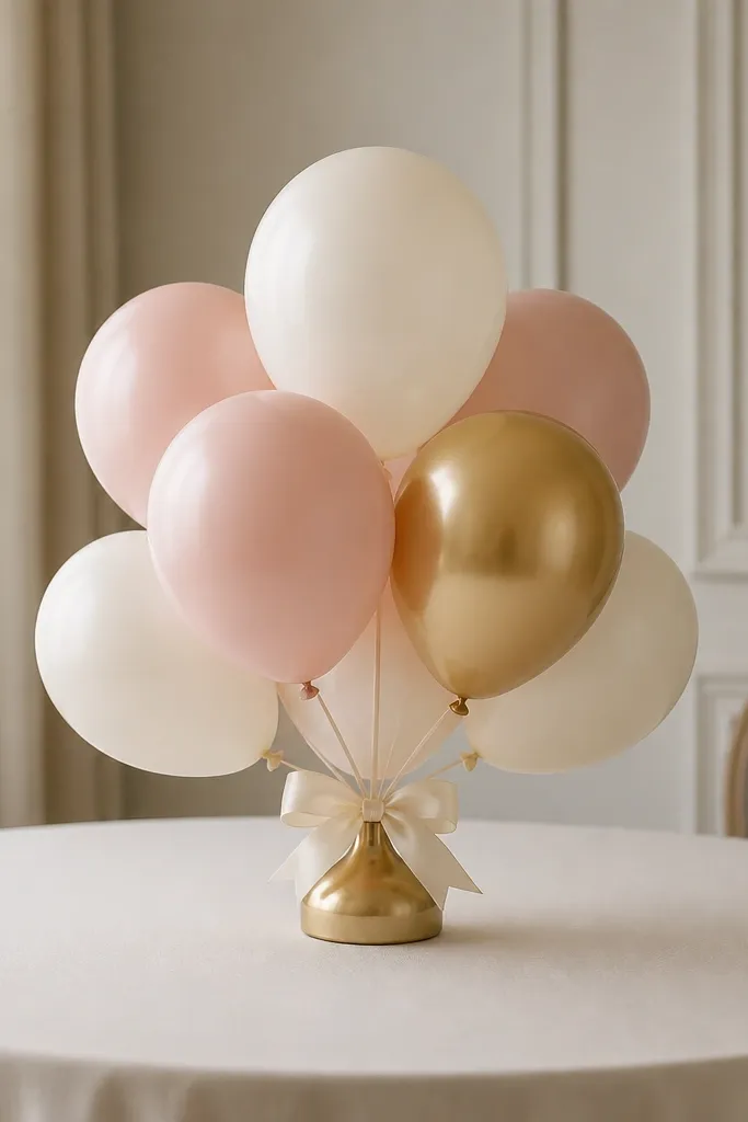 A balloon cluster at table height: matte cream balloons and blush balloons mixed with one warm-gold balloon. Each cluster sits in front of a small gold base weight and a cream ribbon tie, with the rest of the table left clean.