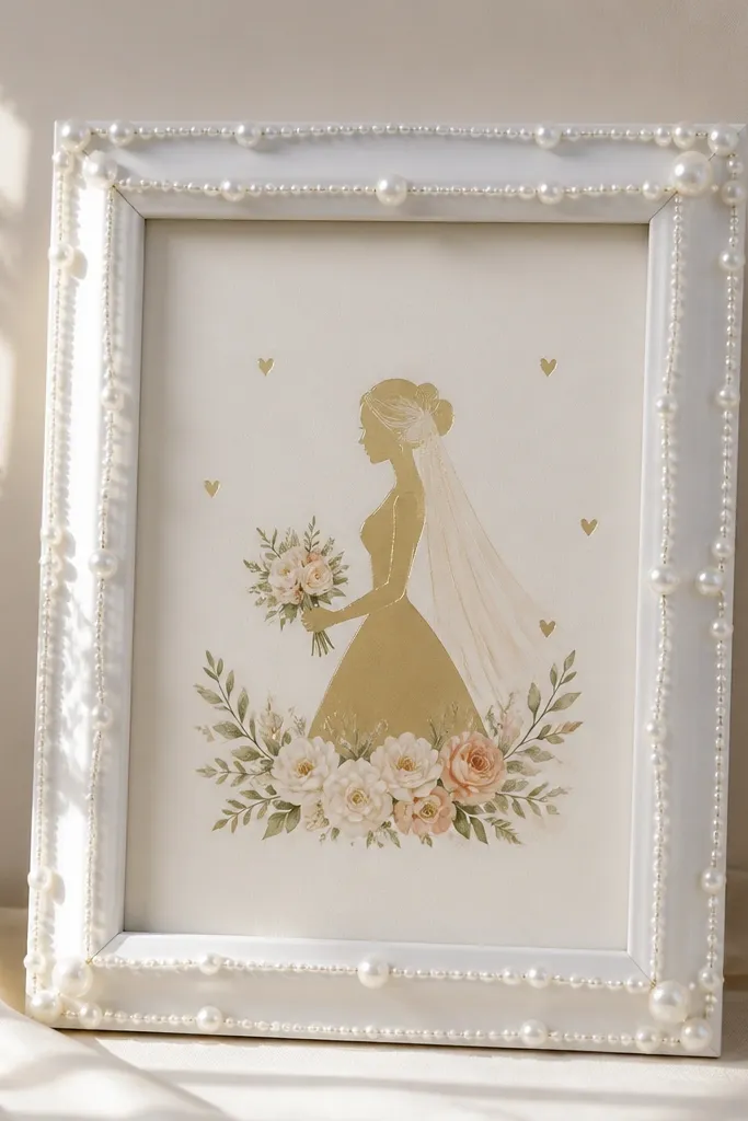 A white rectangular picture frame hung or propped upright, wrapped with faux pearl garland along the edges. Inside the frame there's a blank cream panel or small floral print, with a bride-to-be message in warm gold vinyl.