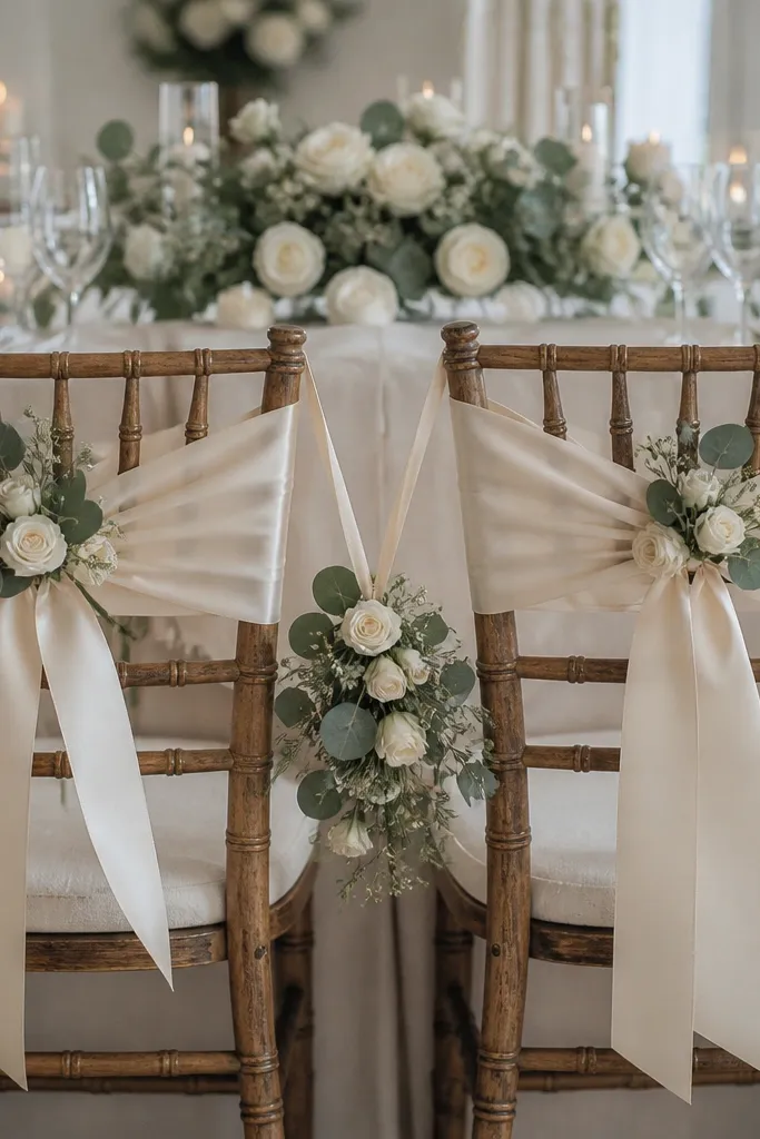 Chair backs wrapped with a cream satin ribbon and a small floral sleeve made of eucalyptus and tiny white roses. The bride-to-be sign sits between two chairs, with matching ribbon tied in neat bows.