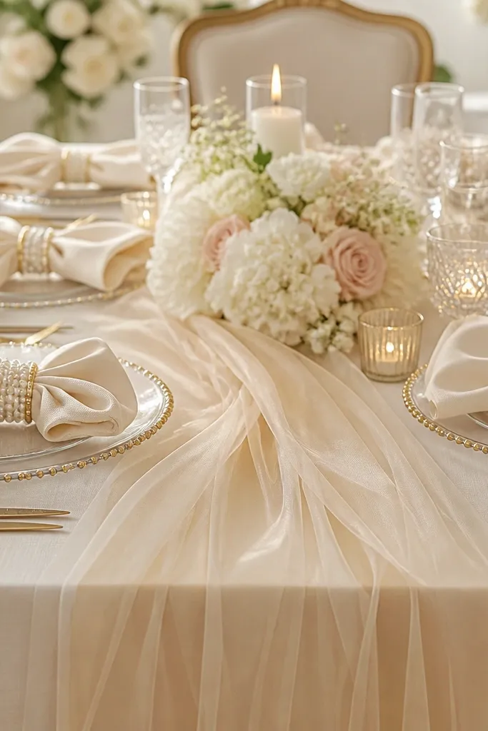 A table runner made of champagne tulle layered over a cream base, with napkins tied using pearl strands and small gold rings. The bride-to-be sign is visible at the head of the table.