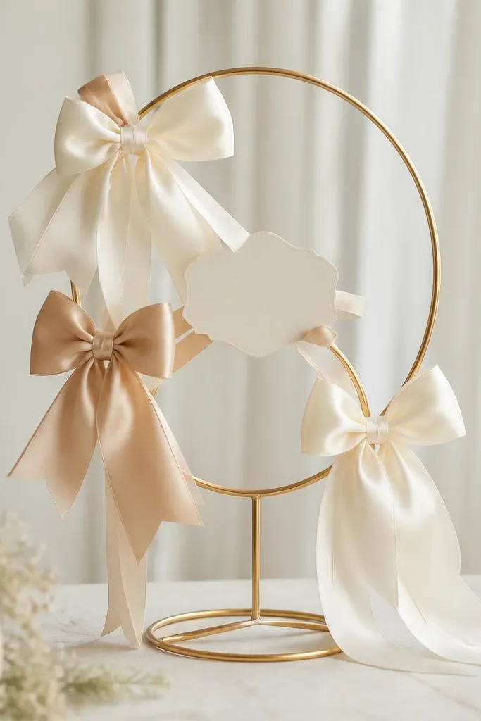 A gold ring stand wrapped with satin ribbon bows in cream and champagne. Two to three bow clusters sit at different heights on the ring, with a small bride-to-be sign attached at center.