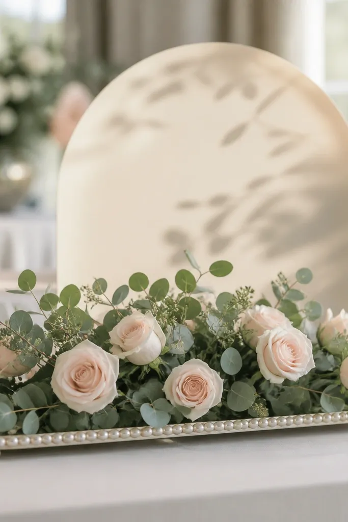 A low floral centerpiece on a long tray: eucalyptus stems and blush roses arranged low, with a thin pearl trim along the tray edge. The bride-to-be sign sits behind it.