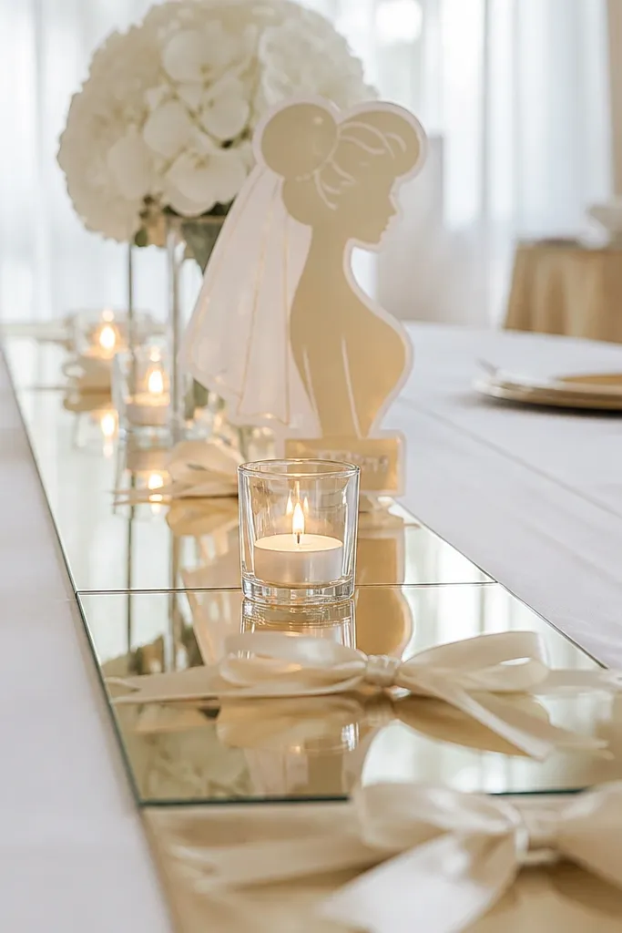 A gold mirror tabletop runner laid down the center, with mini candles in clear holders and satin ribbon ties at intervals. A bride-to-be sign stands behind the candles.