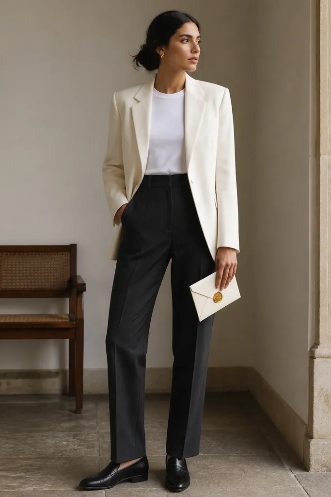 A tailored ivory wool blazer worn over a white crewneck tee, paired with high-waisted charcoal dress trousers. The blazer has notched lapels and a single welt pocket; the trousers show a crisp crease. Shoes are black leather loafers, and the person holds a small cream envelope with a gold wax seal.
