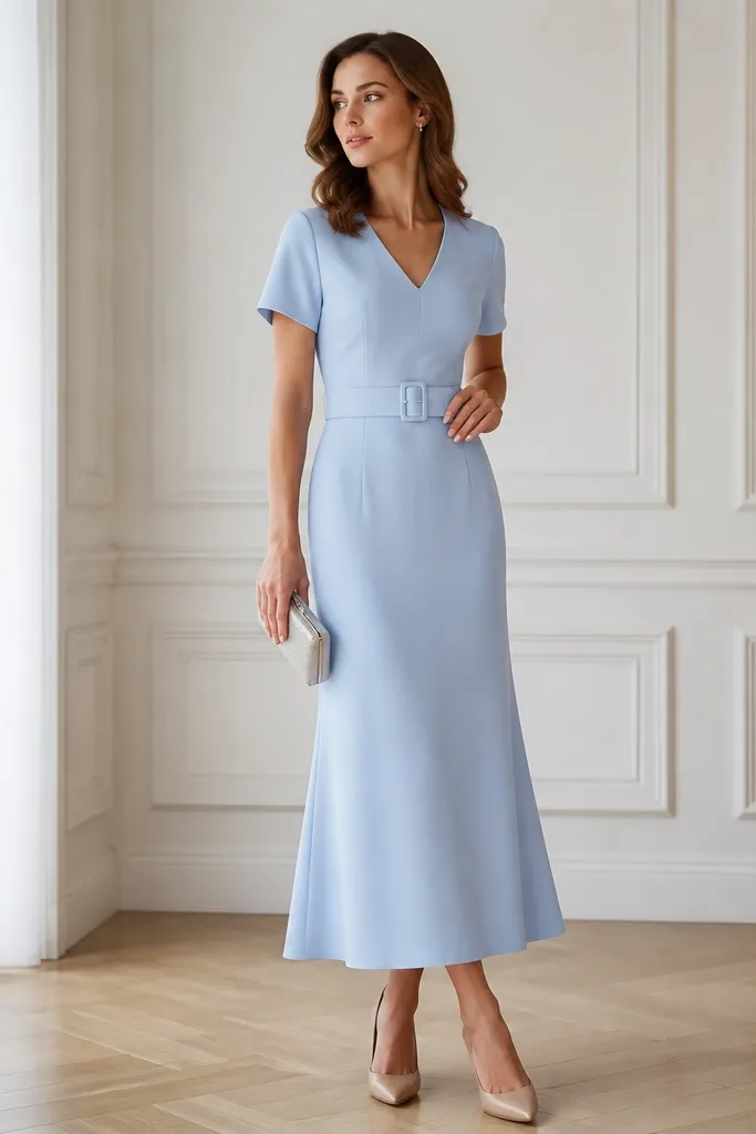 A powder blue crepe dress with a defined waist belt. The dress has short sleeves and a modest V-neck. The skirt falls straight with a slight flare at the hem. The model wears nude pointed heels and a small silver clutch, posed with a hand resting near the waist.