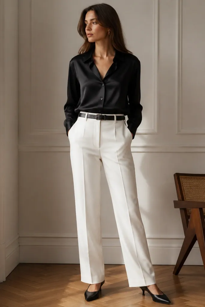 A black satin blouse with a button-front and long sleeves, tucked into crisp white tailored trousers. The blouse has a slight sheen and a defined collar. The trousers are high-waisted with a straight leg and pressed crease. Shoes are black low heels, and a black leather belt sits at the waist.