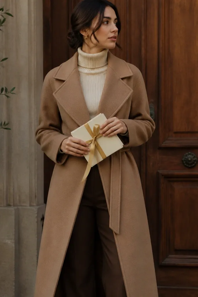 A camel overcoat with a wide lapel worn over a cream ribbed turtleneck. The coat is belted slightly at the waist. The trousers are dark brown and straight-leg. The person stands in front of a wooden door, holding save the dates tied with a satin ribbon in warm gold.