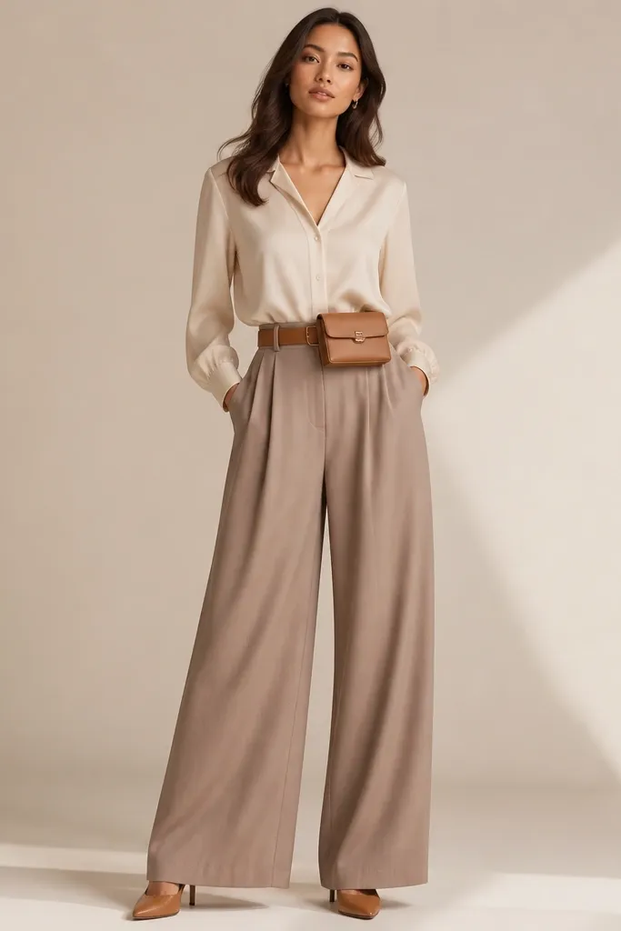 A cream blouse with a soft collar and small buttons, tucked into taupe wide-leg pants with a high rise. The pants fall in smooth folds with a long drape. The person wears tan heels and a structured belt bag in light brown. The background is a clean studio backdrop with soft shadows.