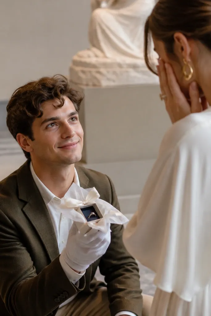 A proposal scene near a museum sculpture: the person is holding a small ring box wrapped in tissue and tied with white satin ribbon, with a white cotton glove visible in the foreground. Soft indoor lighting and clean marble floors appear behind.