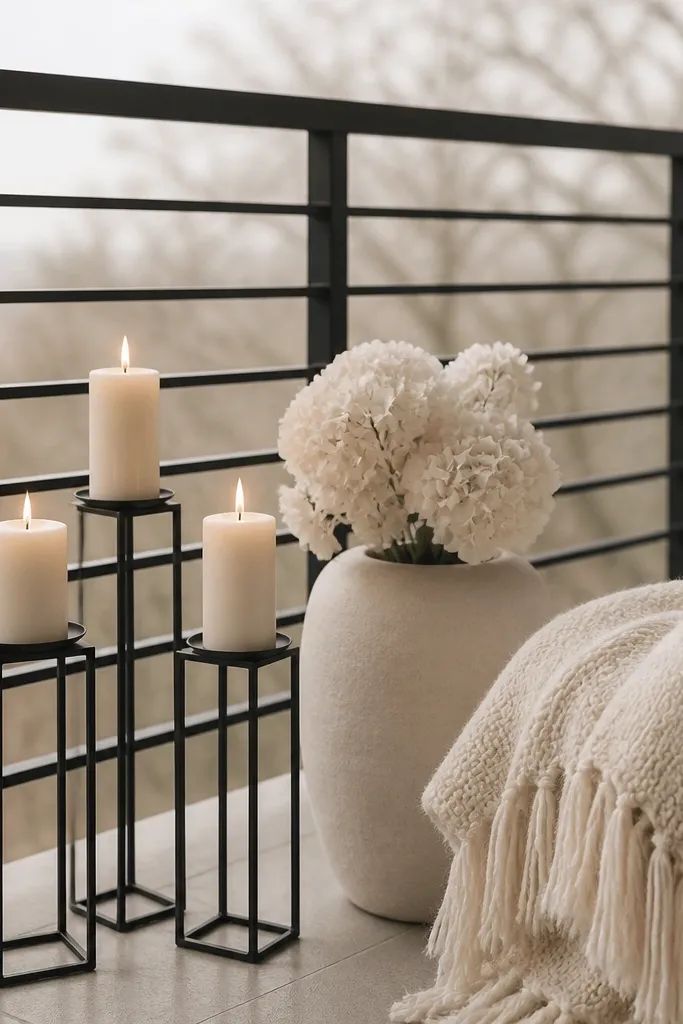 A balcony with a monochrome setup: black metal candle cluster, thick cream candles, a monochrome throw blanket, and a small bouquet in a single-color tone. The railing creates clean lines behind you.