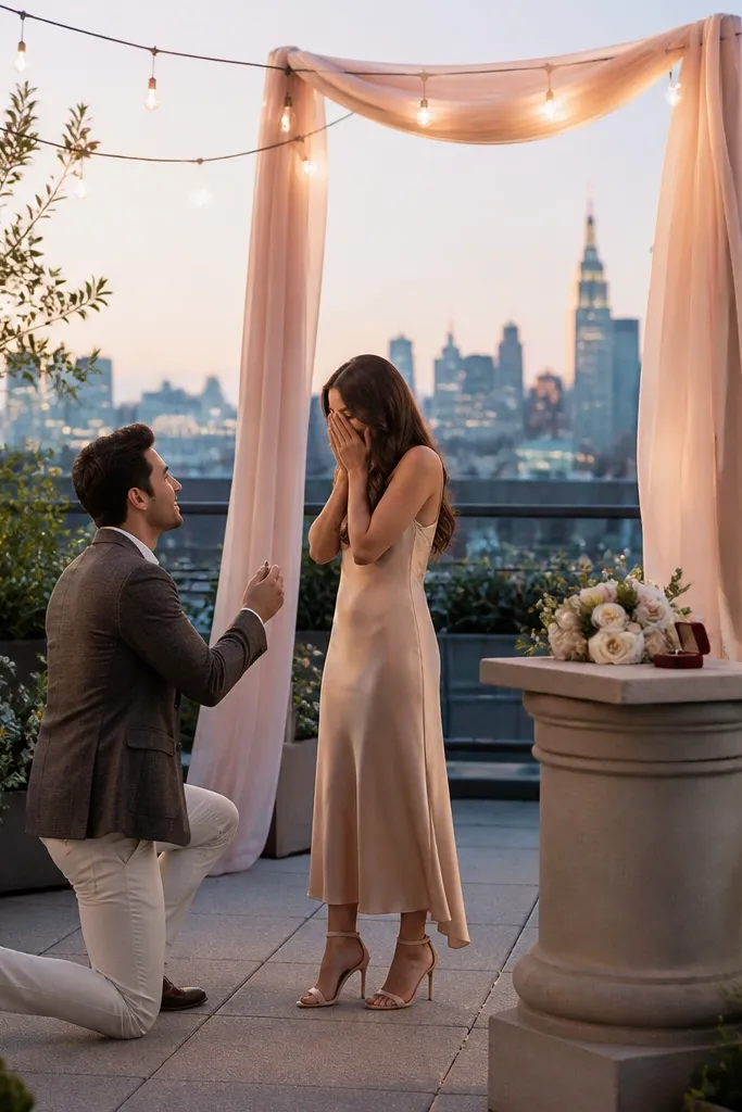 A rooftop sky garden with plants in planters and a silk ribbon stretched like a soft doorway behind the couple. Warm string lights hang low, and the ring box sits on a stone pedestal with a small bouquet.