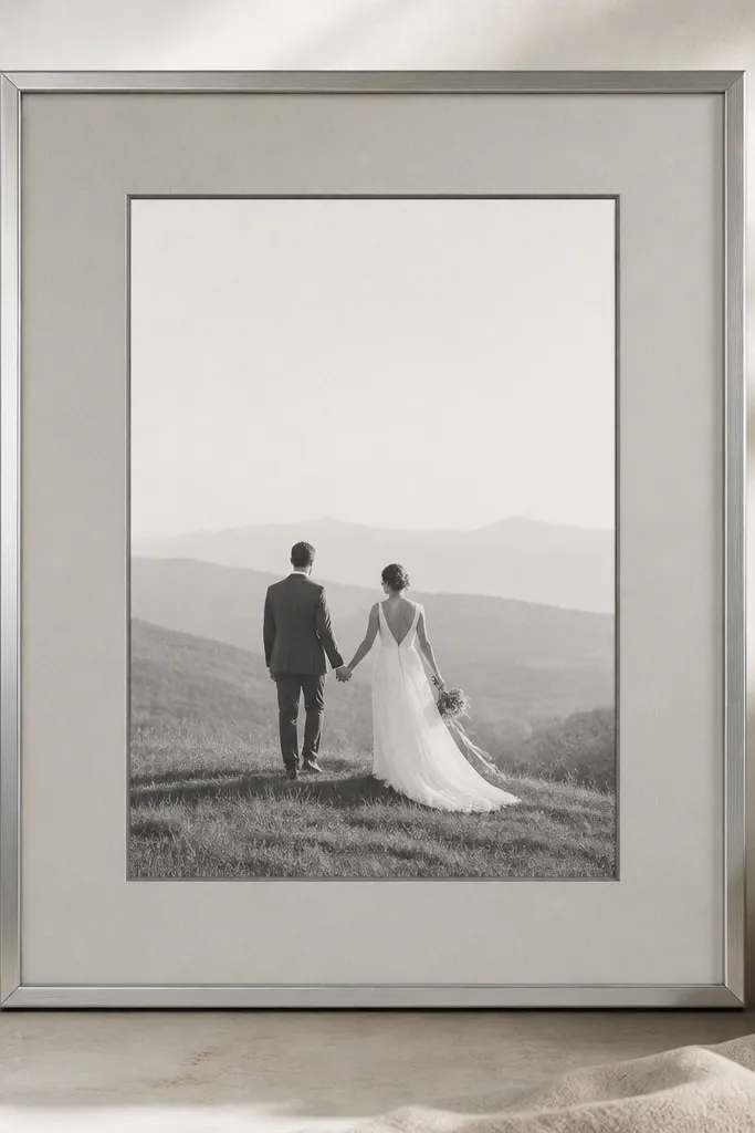 A soft greige mat holds a wedding card, framed by a brushed silver outer frame with thin edges. The card has a subtle dark ink contrast and sits in a visible shadow gap.