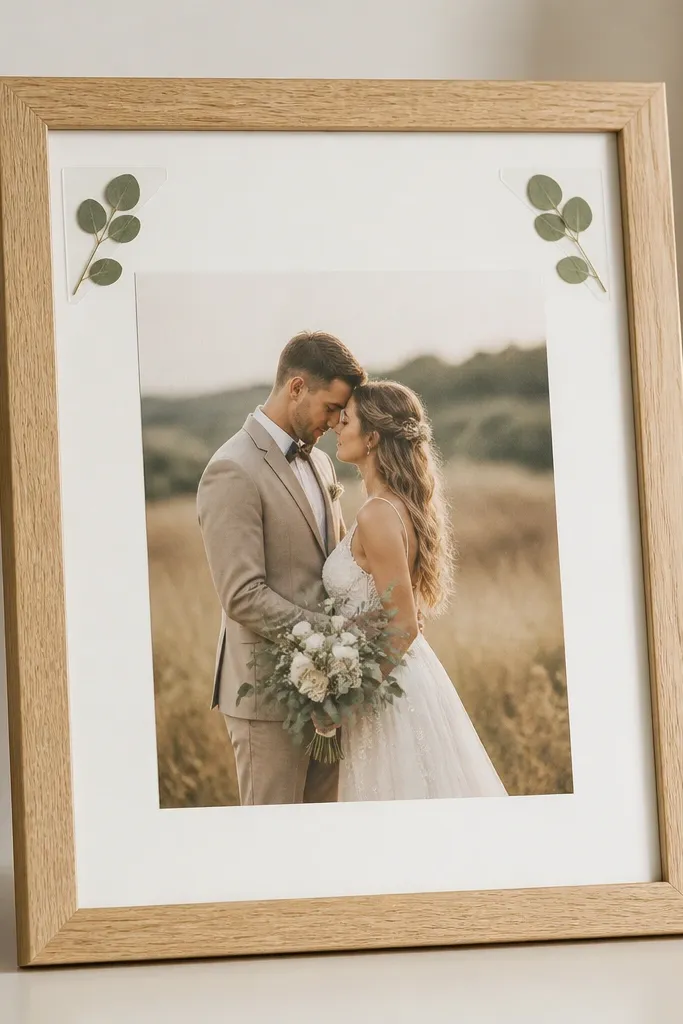 A white oak frame holds a wedding card with a clean white mat. In two top corners, small pressed eucalyptus leaves are tucked under clear mounting tabs.