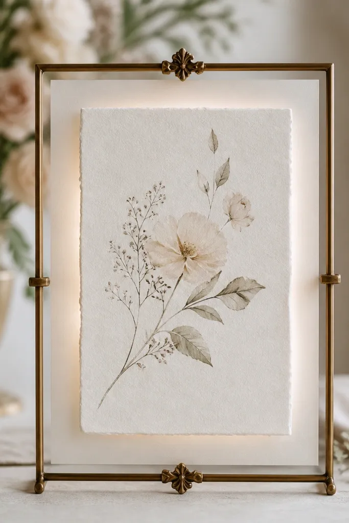 An antique brass frame holds a wedding card. Behind the card is a semi-translucent ivory vellum sheet, creating a soft glow around the paper edges.