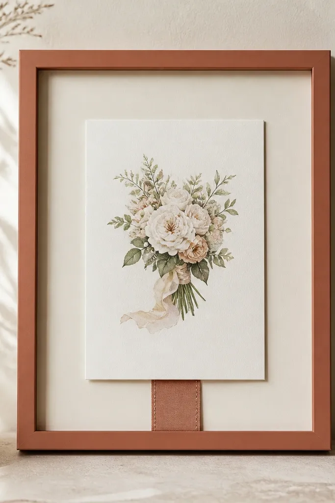 A terracotta-toned frame holds an off-white mat and wedding card. A small stitched ribbon detail appears behind the card, visible near the bottom.