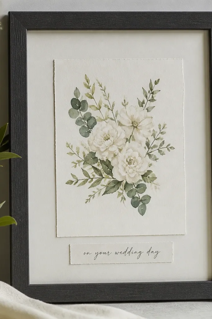 A charcoal-colored frame holds a wedding card with a small vellum label strip under it. The label strip has neat, handwritten-style text and sits in the same plane as the card.