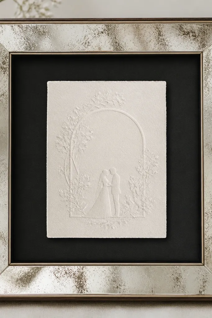 A frame with aged mirror effect surrounds a wedding card. A black mat creates a center window, and the card floats slightly above the backing.