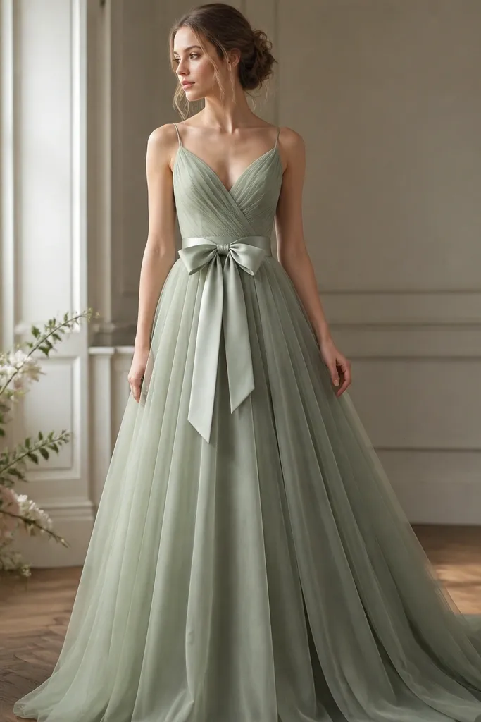 A sage green wedding dress with a satin waist tie/bow at the natural waist; the bow sits centered and the knot looks crisp and dimensional.