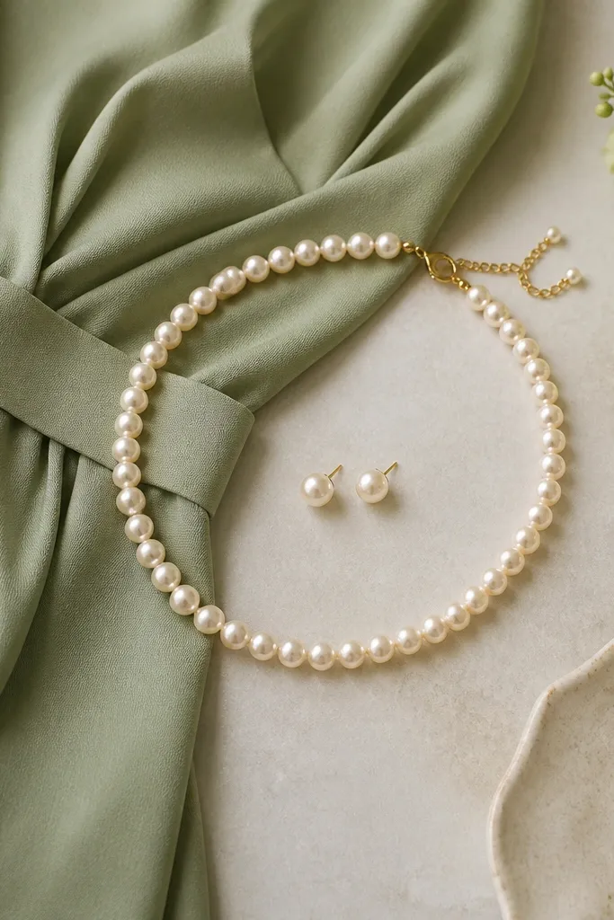 A styled flat lay showing warm ivory pearl studs and a short pearl necklace paired with a sage green dress fabric swatch; the pearls look creamy next to the green.