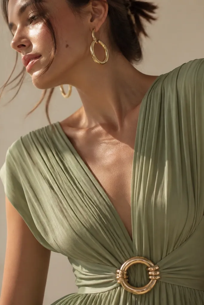 A close-up of a sage green gown with a gold belt detail and gold hoop earrings; sunlight catches the metal and the green looks warmer next to it.
