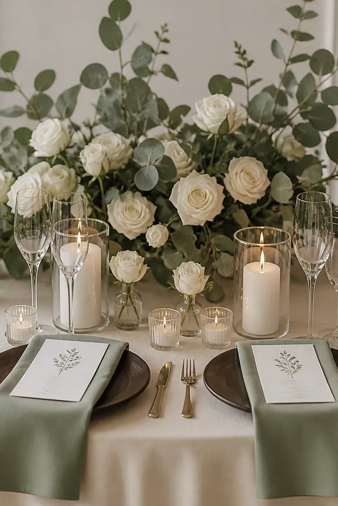 A styled small wedding table with cream linen, dark espresso wood chargers, and napkins in muted sage. Candles sit in clear glass holders, and the menu cards match the sage ink. Behind the table, a simple floral arrangement uses cream roses and sage eucalyptus only.