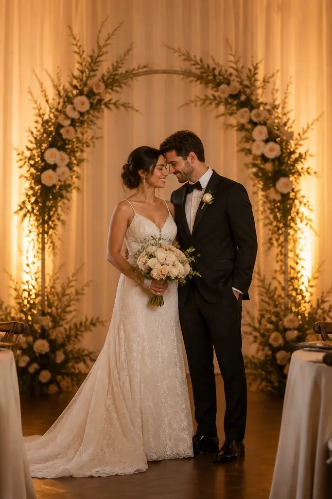 A ceremony background with two soft uplights aimed upward behind a simple arch. The candlelit tables glow warm, and the couple stands in front of a clean, softly lit backdrop. The color temperature looks golden, not blue.