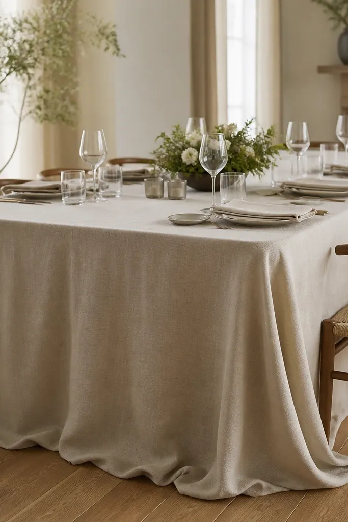 A dining table draped in cream linen with a slight puddle at the edges. The fabric has visible weave texture and falls in soft folds. Matching napkins sit neatly, and the centerpiece is low so sightlines stay open.