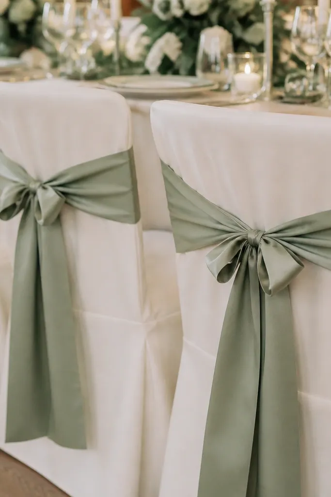 Dining chairs with clean ivory chair covers or simple chair backs wrapped in 1.5-inch sage silk ribbon. Each ribbon has a consistent double-knot, and the tails fall evenly on both sides.