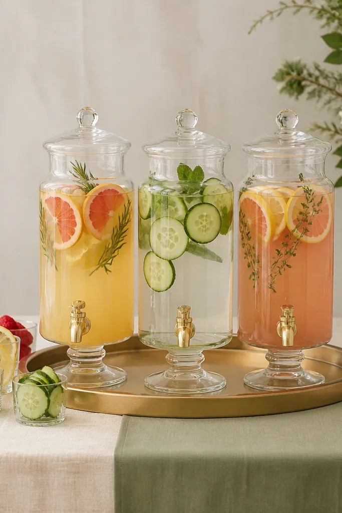 A cocktail bar with one large gold-rim tray holding three matching glass pitchers and drink dispensers. The tray sits on a simple table covered in cream linen, with a sage ribbon runner. Garnish cups are small and uniform.