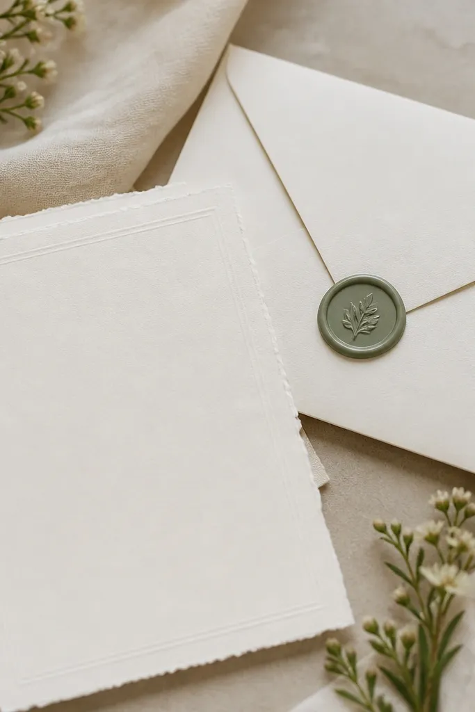 Wedding invitations printed on thick cotton paper in cream. One envelope has a single wax seal in a muted sage tone. The text is black with a simple serif font, and the envelope flap is neatly aligned.