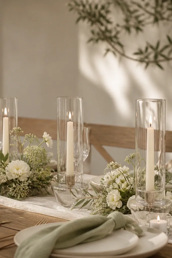 A dinner table centerpiece made of three clear glass candle holders per table section, each with short taper candles. The florals are low and sparse, and guests can see across the table. The overall palette is cream, sage, and warm wood.
