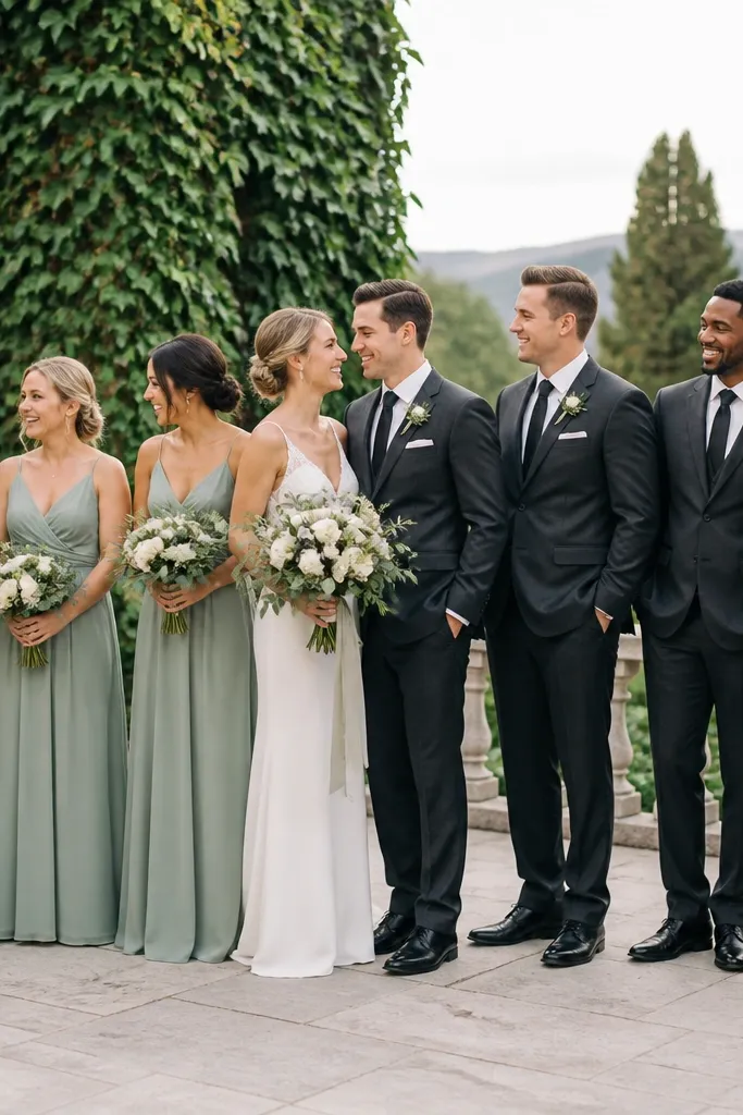Bridesmaids wearing sage chiffon or silk-like dresses with a soft drape, and groomsmen in charcoal suits with matching sage boutonnieres. The fabric looks light and flows, and the shade stays consistent across different body types.