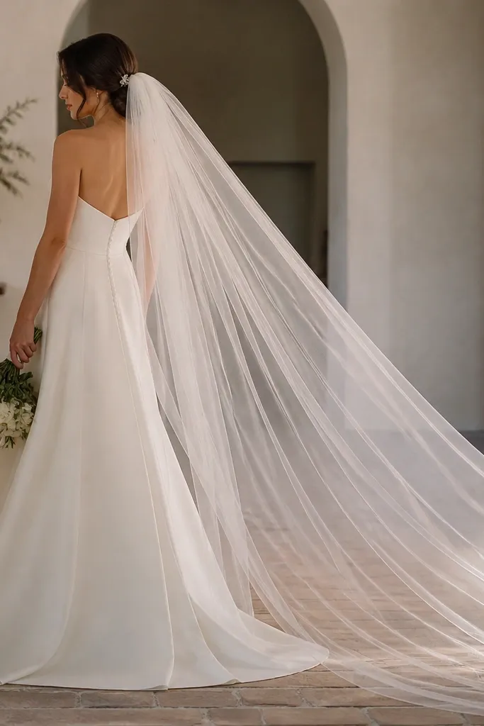A bride with a floor-length veil made of soft tulle, pinned low and slightly off-center. The hair piece is a simple ivory comb with small pearls. The photo shows the veil catching light at the edges without looking stringy.