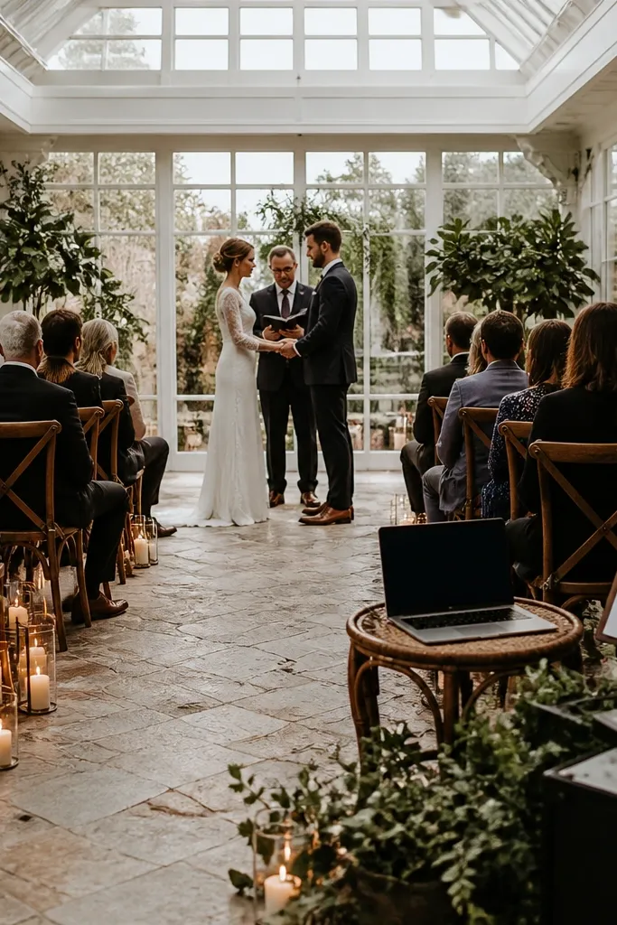 A small wedding ceremony in a bright garden room with two slim black speakers on stands far from the aisle, a laptop playing a playlist on a small side table, warm 2700K candles on both sides, and a handwritten cue sheet clipped to a clipboard near the sound station