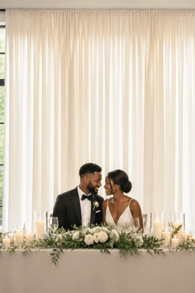 A sweetheart table backdrop made from ivory chiffon drapes hanging behind the couple. The fabric starts above the couple's head height and falls in three soft vertical panels. The top edge is straight, attached to a visible rail or tension system for clean lines.