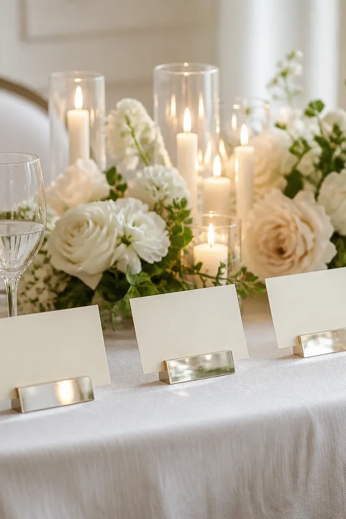 Small mirror-like acrylic place card holders lined along the front edge of the sweetheart table. Place cards are cream cardstock with gold foil names, and the holders reflect the candle flames in tiny points.