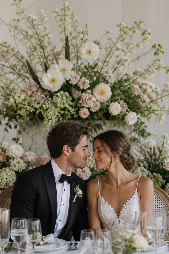 A lush floral arrangement behind the couple with two distinct tiers. The bottom tier is fuller and sits behind chair backs, while the top tier rises higher with airy greenery and larger blooms. The structure looks sculpted, not a single flat bouquet.