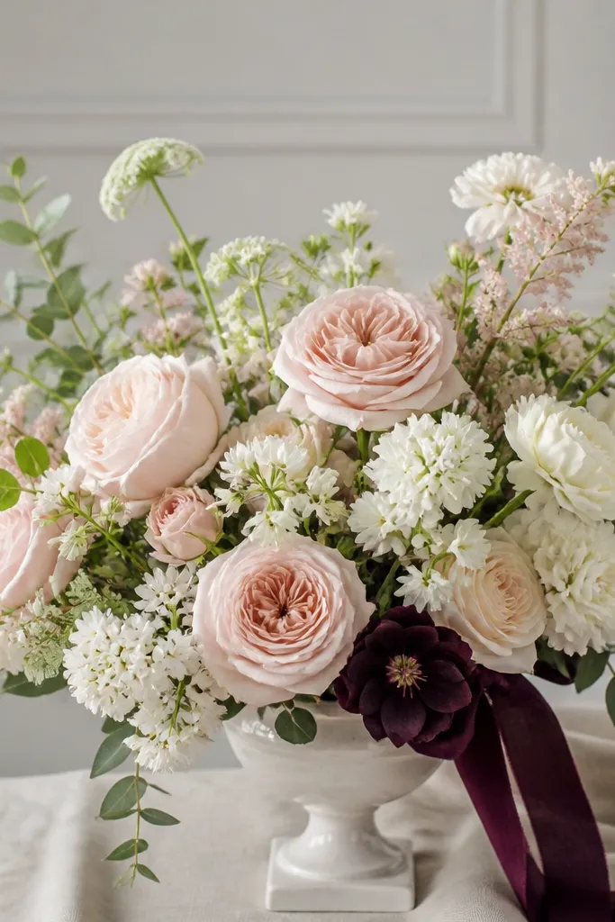 A floral arrangement using blush roses and ivory flowers with greenery. One subtle deep plum flower or ribbon accent appears near the base of the arrangement. The palette feels light, with the plum adding contrast.