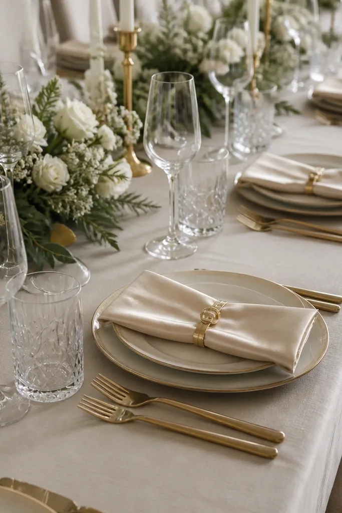 Folded champagne satin napkins set at each place setting. Each napkin has a clean straight fold and is held with a warm gold napkin ring. The napkins sit flat and aligned with the cutlery.