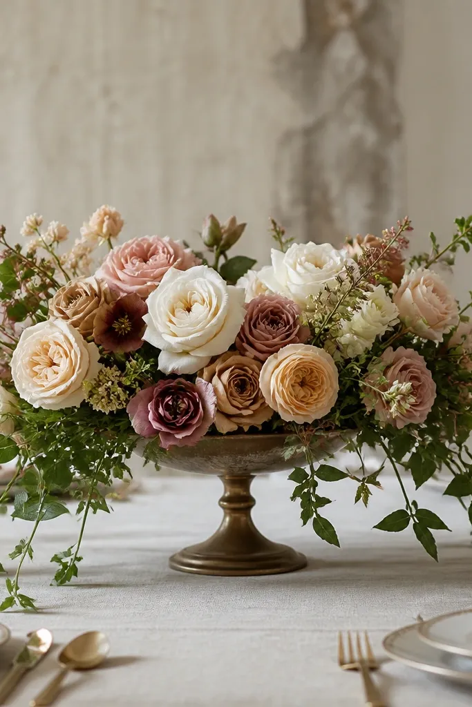 A low floral centerpiece placed on a 10-inch tall pedestal. Greenery trails outward at the base, reaching toward the table surface while the main blooms stay centered. The arrangement is grounded and not towering.
