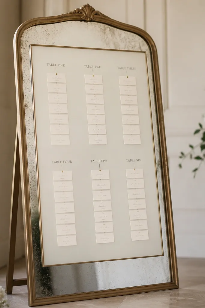 A slightly aged, antique-style mirror leaning on a stand. Behind the mirror, there is a framed acrylic panel holding the seating chart. The panel has table headings in muted ink and small printed name cards arranged in columns, each card aligned with thin guide lines.