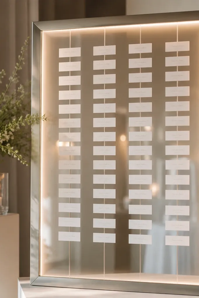 A brushed nickel framed mirror with a soft glow behind it. The seating chart is made of vellum labels with typed names, each label attached to thin clear acrylic strips. The labels look airy, and the mirror reflects warm light, creating a gentle halo around the text.