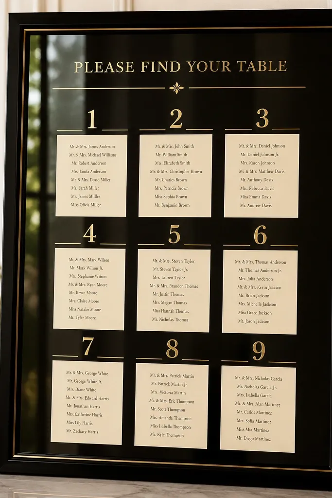 A sleek black lacquer mirror frame with crisp edges. The seating chart has gold leaf table numbers and small gold rules lines. Names sit on cream cards tucked into a grid behind the glass, and the overall look is high-contrast and formal.