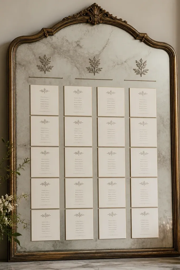 A mirror in an antique brass frame with a faux stone panel behind the glass. The table headings look engraved, using a dark charcoal font with subtle shadow. Name cards are cream and sit in a grid with thin metallic lines.