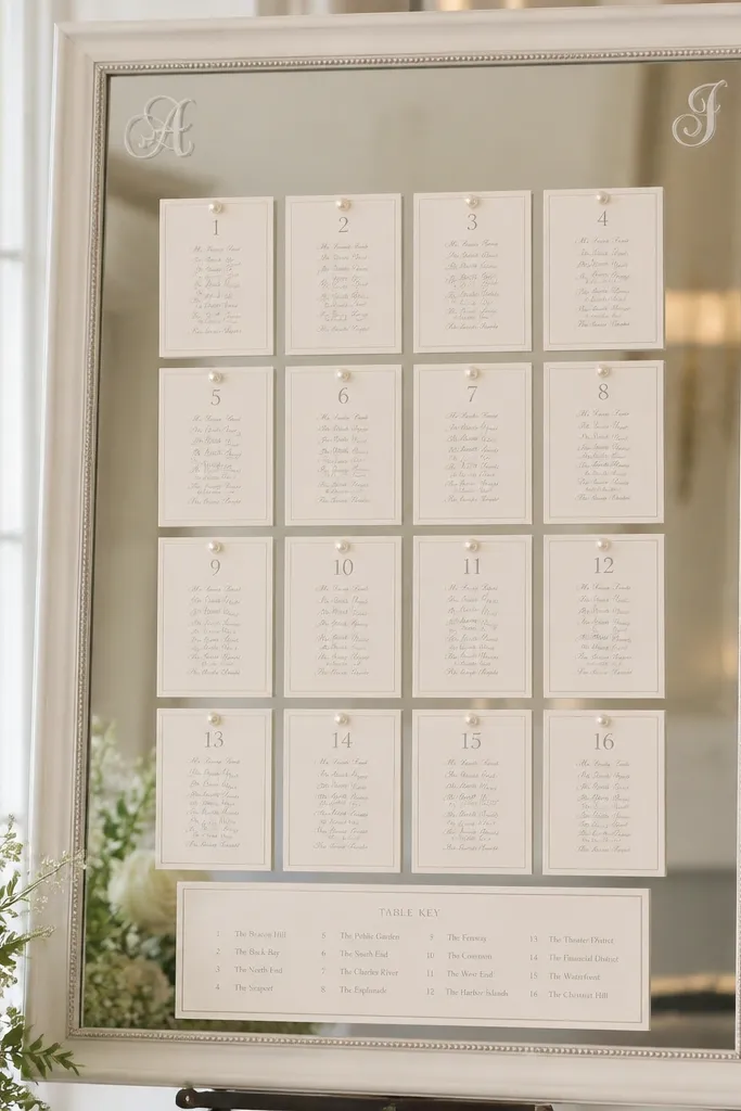 A pearl-white framed mirror with subtle monogram initials in the top corners. The seating chart has a table key at the bottom and neat corner labels showing the table numbers. Name cards are off-white with small pearl accents.